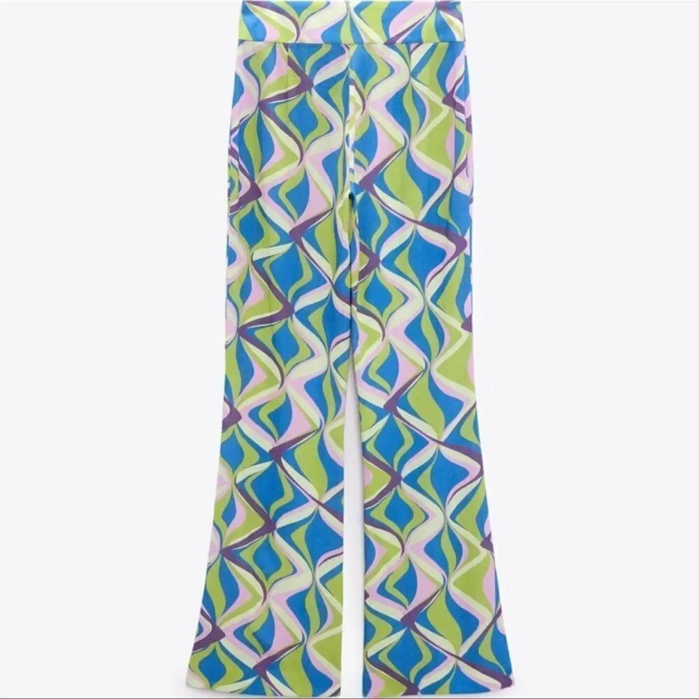 Zara linen blend printed flared pants NWT